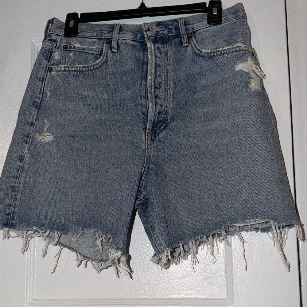 Agolde High Waist Frayed Denim Shorts - Blue